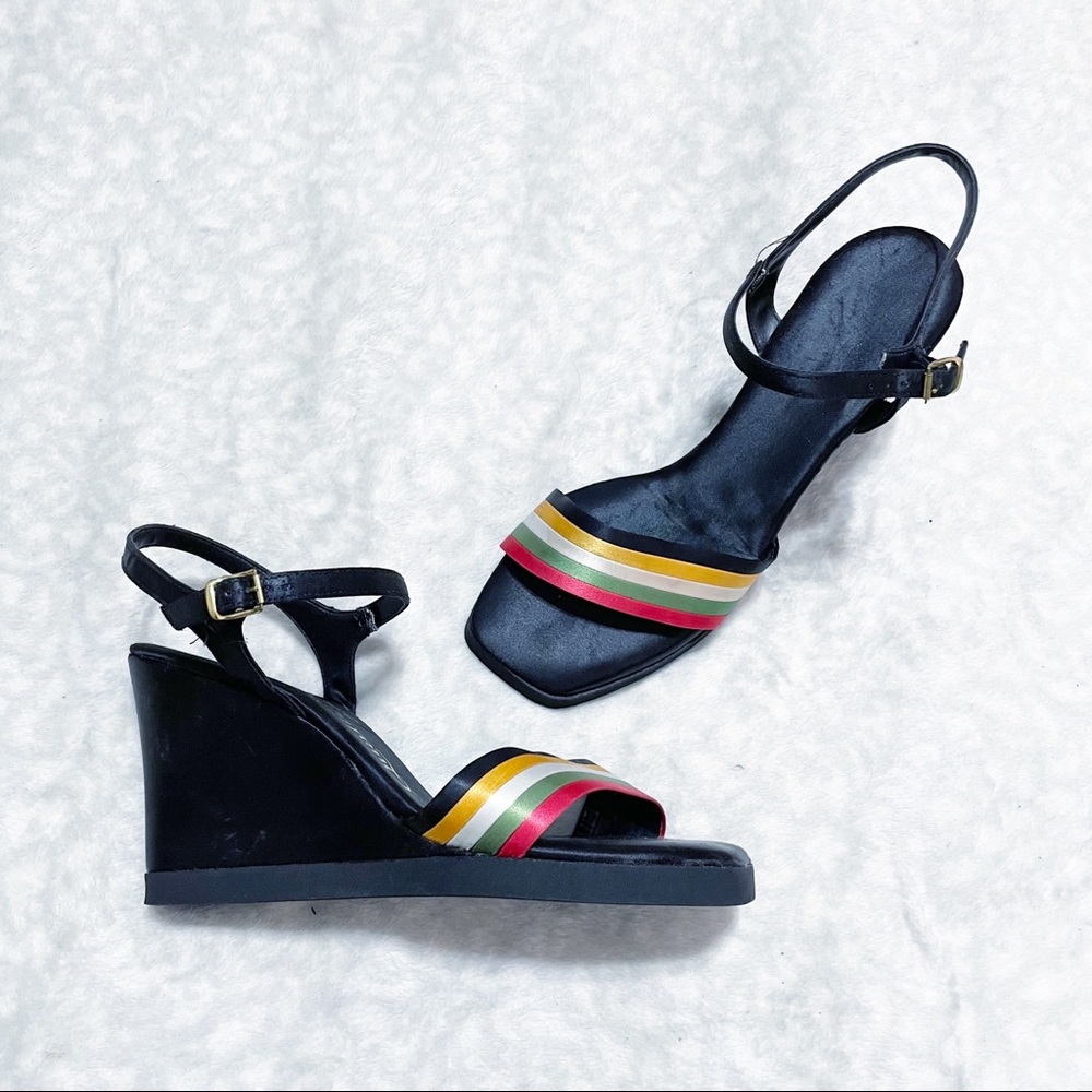 Vintage Wedge Sandal 80s Rainbow Black Satin Ribbon Ankle Strap Square Toe Disco